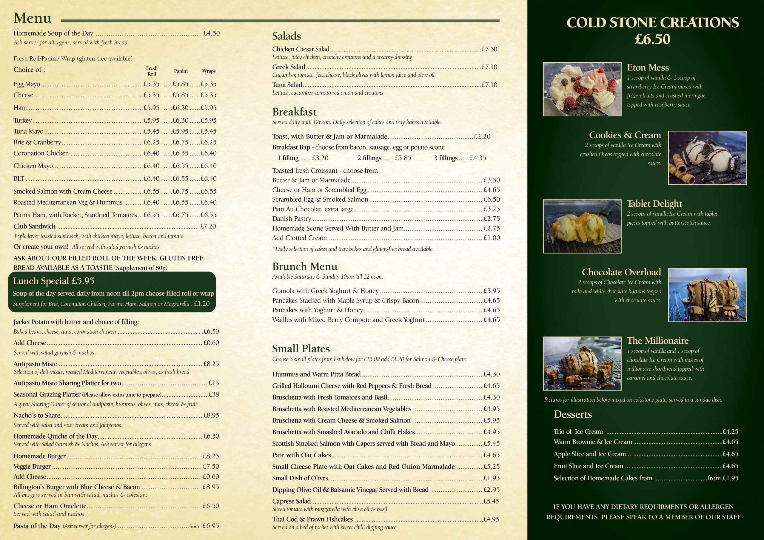 Menus Billington's of Lenzie